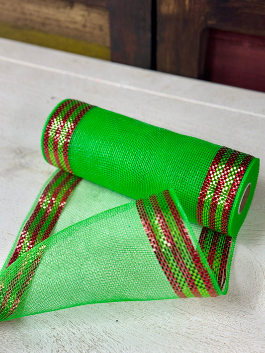 10 Inch By 10 Yard Lime And Red Border Stripe Metallic Mesh