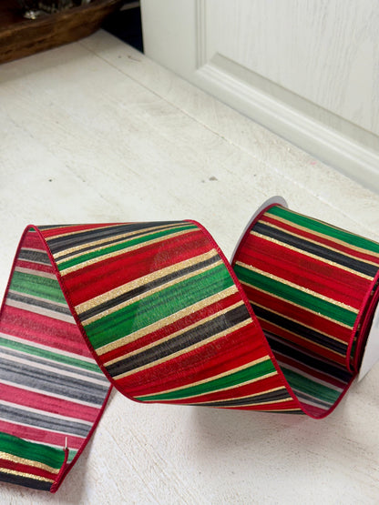 4 Inch By 10 Yard Red Black Emerald Horizontal Stripes Ribbon