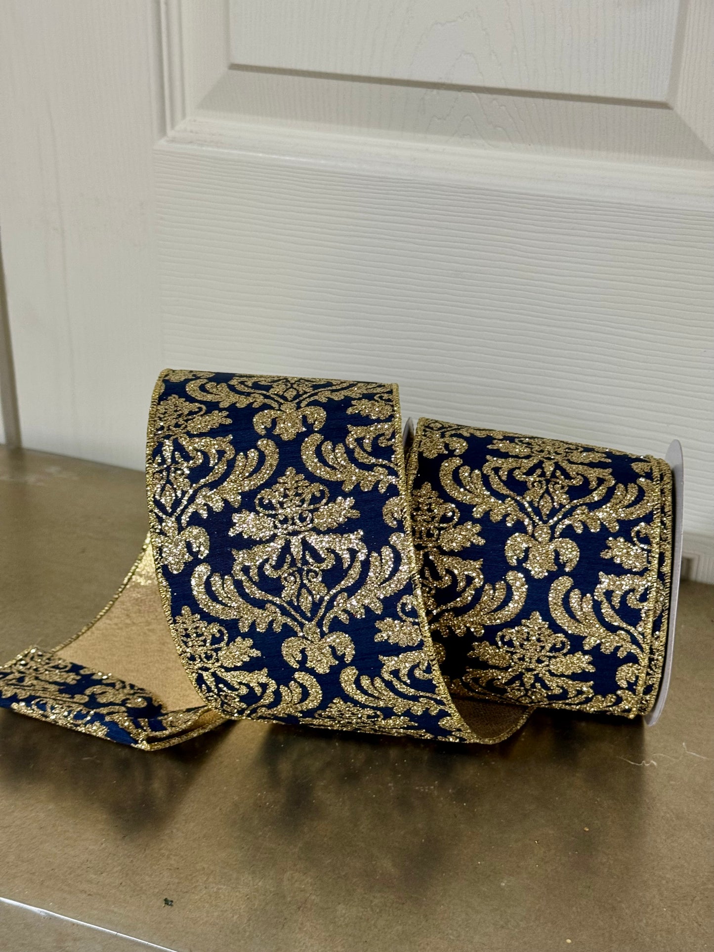 4 Inch By 10 Yard Navy Blue And Light Gold Damask Fused Back Ribbon