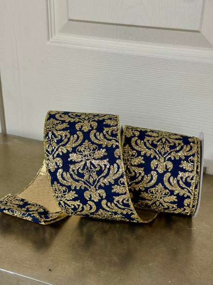 4 Inch By 10 Yard Navy Blue And Light Gold Damask Fused Back Ribbon