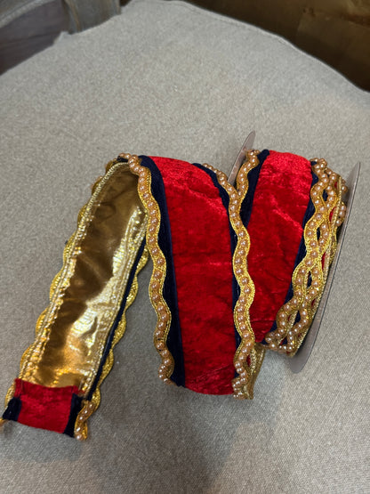 John Mark 2.5 Inch By 10 Yard Red Velvet With Navy And Beaded Trim Edged Ribbon