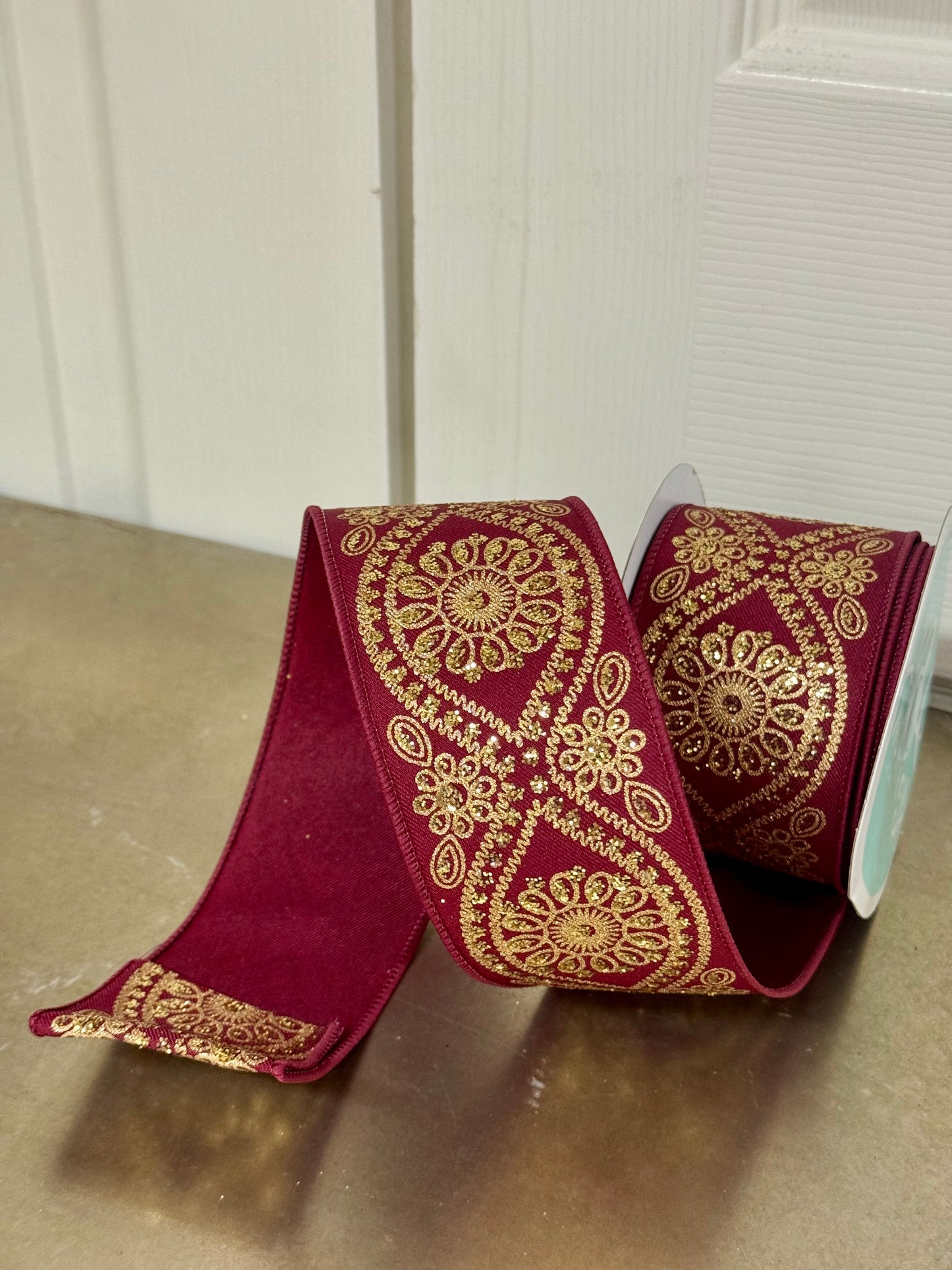 2.5 Inch By 10 Yard Wine And Gold Deluxe Wavy Floral Ribbon