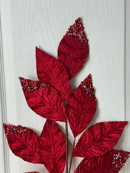 31.5 Inch Red Pressed Velvet Glitter Leaf Spray With Pearls