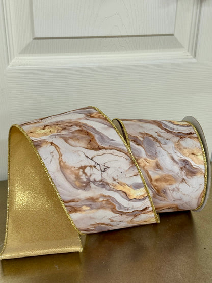 4 Inch By 10 Yard Ivory And Gray Marble Fused Ribbon