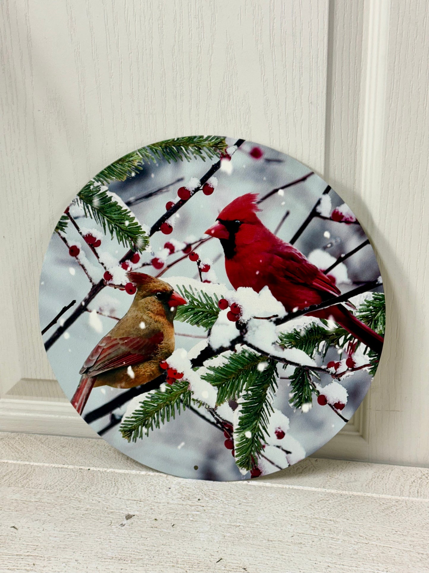 12 Inch Cardinals On Snowy Branch Metal Round Sign