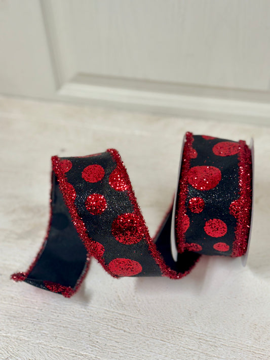 2.5 Inch By 10 Yard Red And Black Glitter Polka Dot Ribbon With Red Tinsel Edging