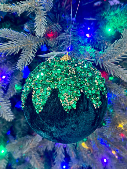 4.75 Inch Hunter Green Velvet Sequin Beaded Glitter Ornament