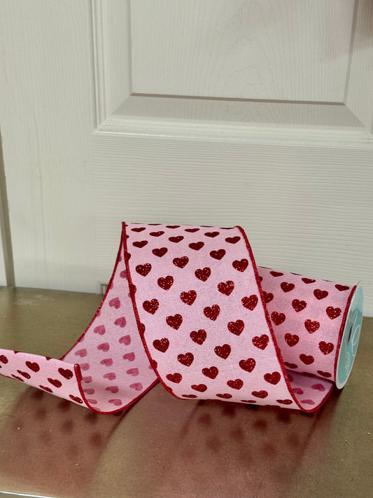 4 Inch By 10 Yard Pink And Red Glitter Heart Ribbon