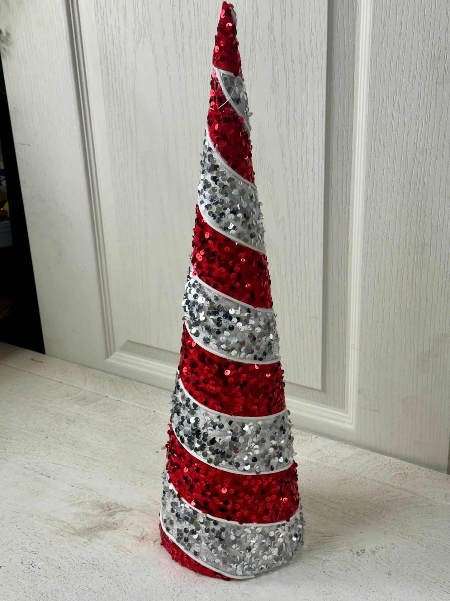 19.75 Inch Red And White Sequin Swirl Cone Tree