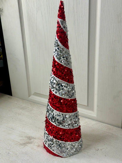 19.75 Inch Red And White Sequin Swirl Cone Tree