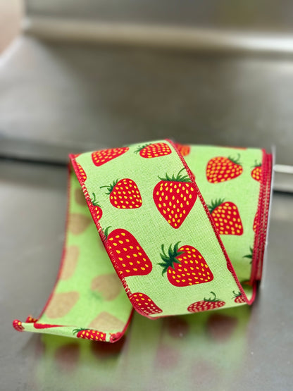 2.5 Inch By 10 Yard Strawberry Ribbon With Green Background