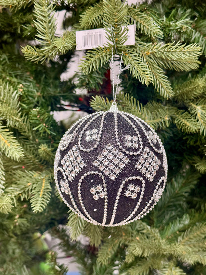 5 Inch Black And Silver Beaded Ornament Ball