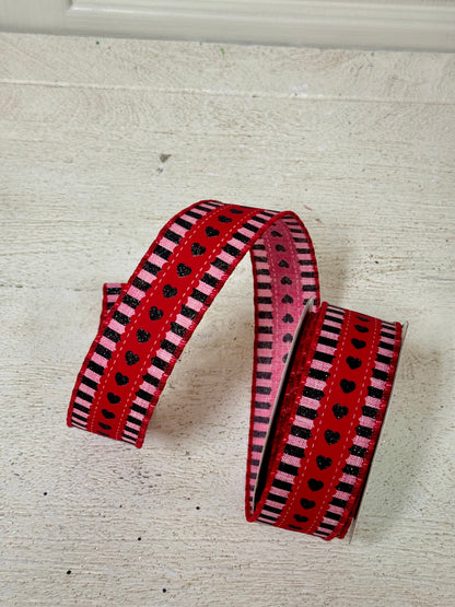 1.5 Inch By 10 Yard Black Red And Pink Scallop Hearts Ribbon