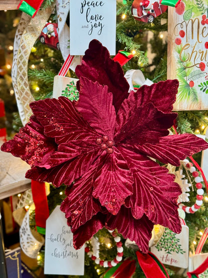 19 Inch Burgundy Velvet Poinsettia Stem