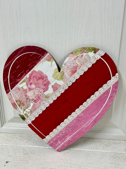 12 Inch Red Pink Floral Heart Wooden Sign