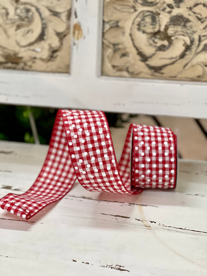 2.5 Inch By 10 Yard Red And White Gingham With White Polka Dots Ribbon