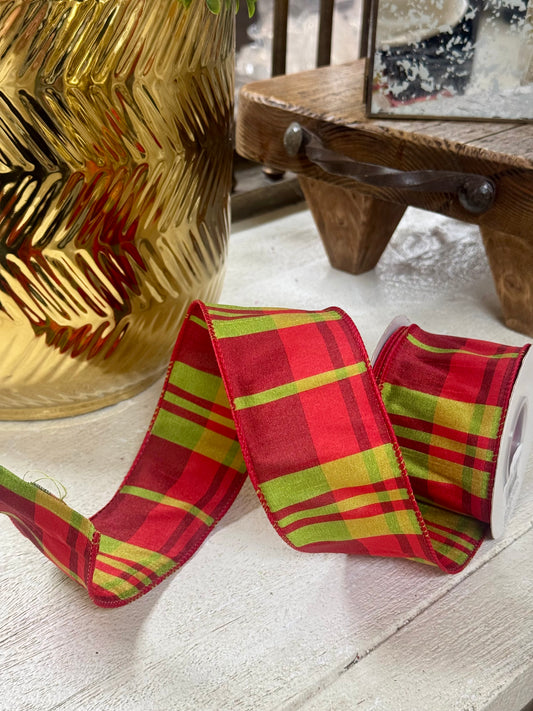 2.5 Inch By 10 Yard Red Green Christmas Dupioni Plaid Ribbon