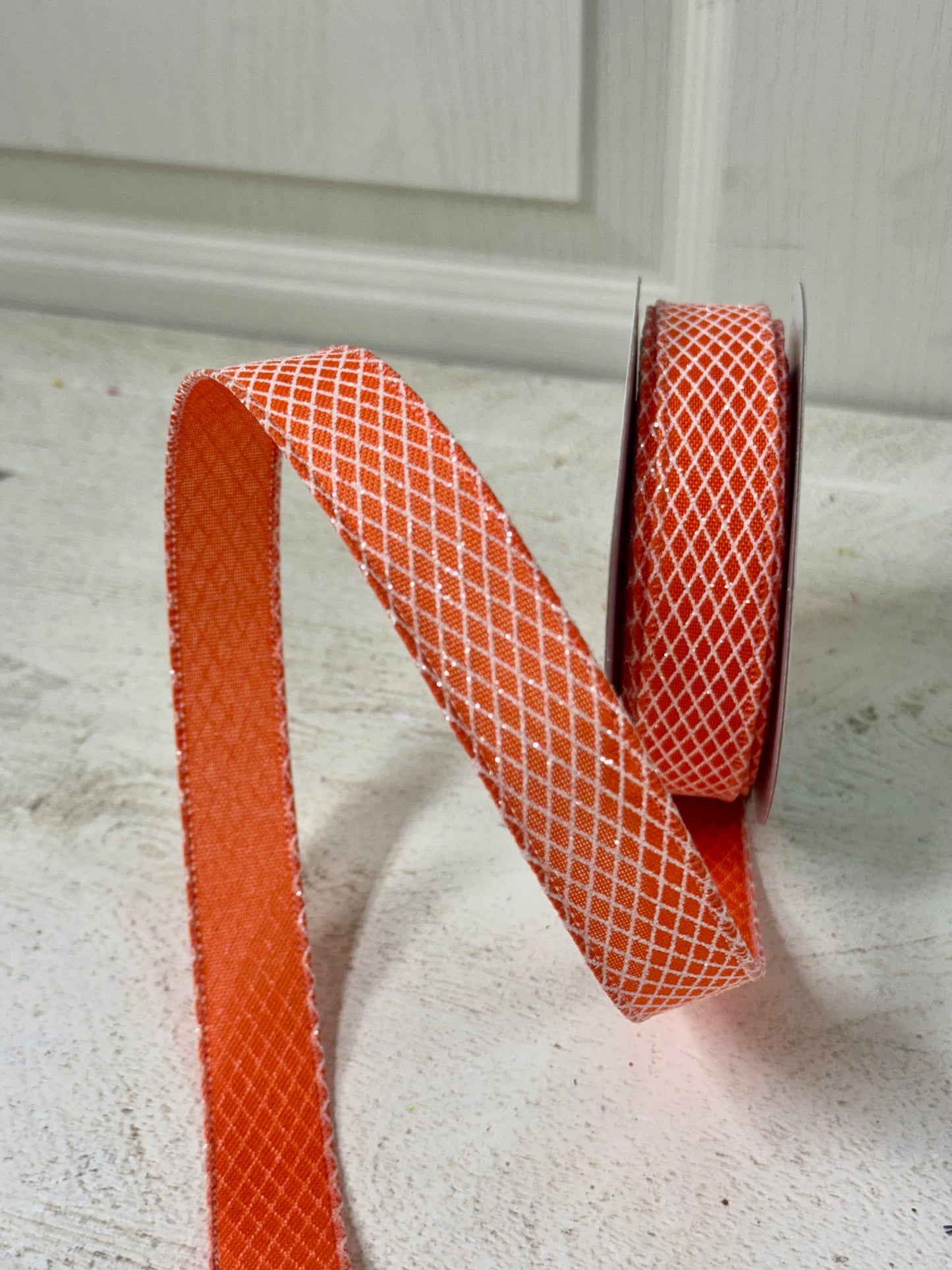 7/8 Inch By 10 Yard Orange And White Harlequin Ribbon