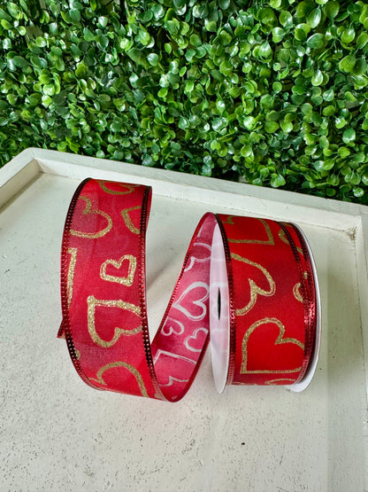 1.5 Inch By 10 Yard Gold Glitter Hearts On Red Ombre Background Ribbon