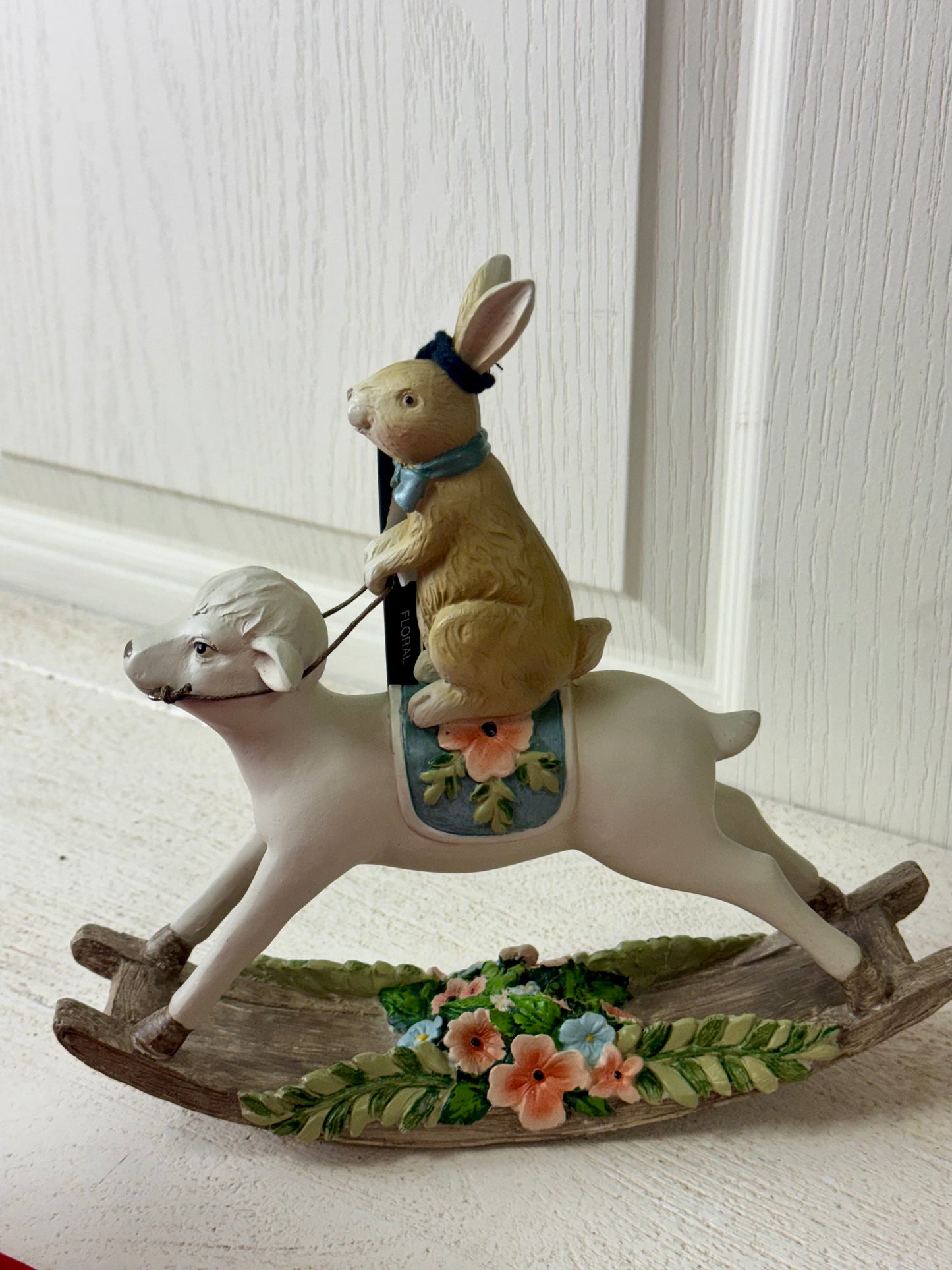 8.5 Inch Ceramic Bunny On Rocking Sheep