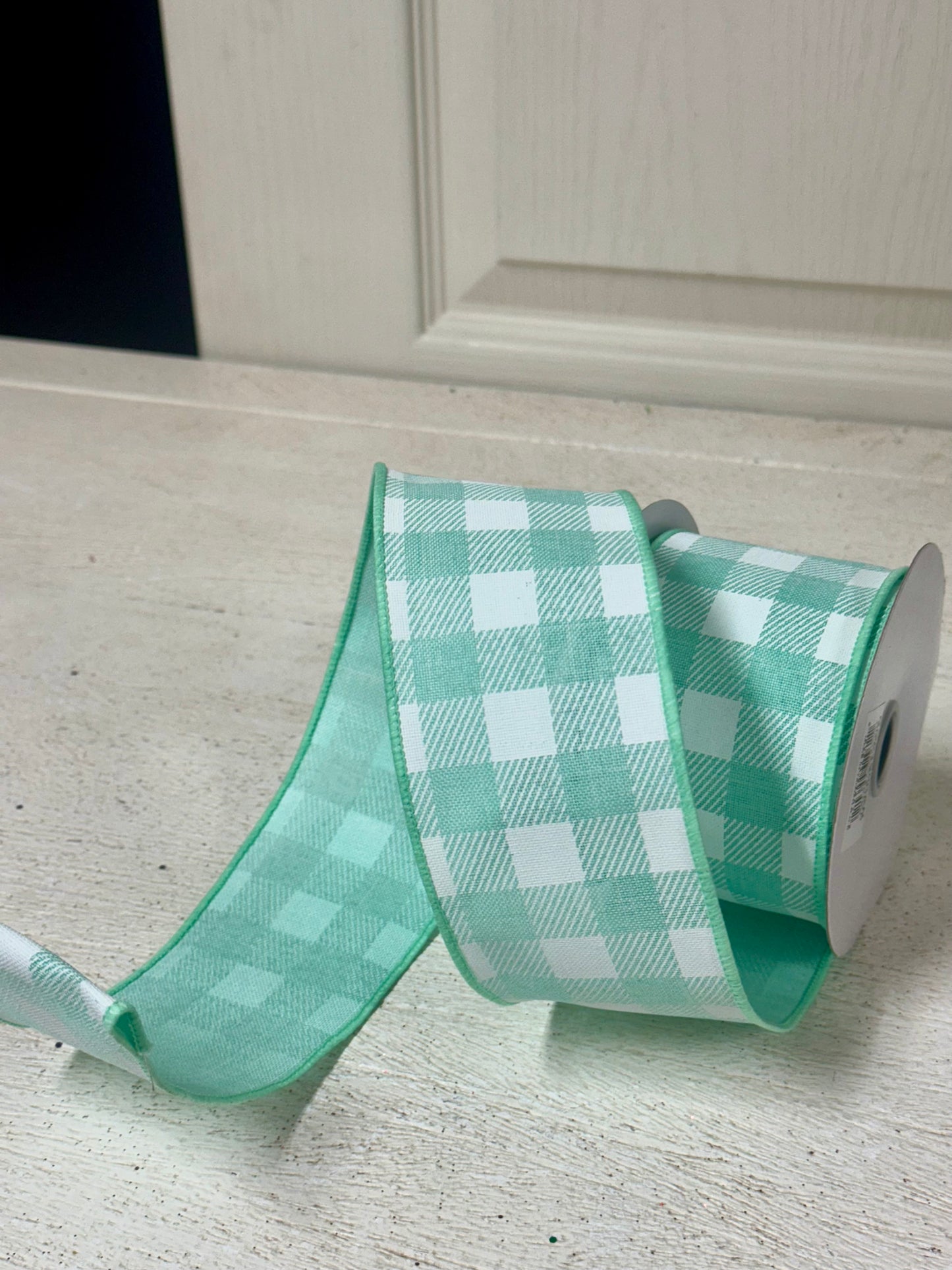 2.5 Inch By 10 Yard Mint Green And White Check Ribbon