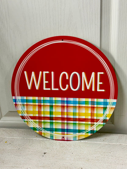 12 Inch Welcome Multicolor Plaid Wreath Sign