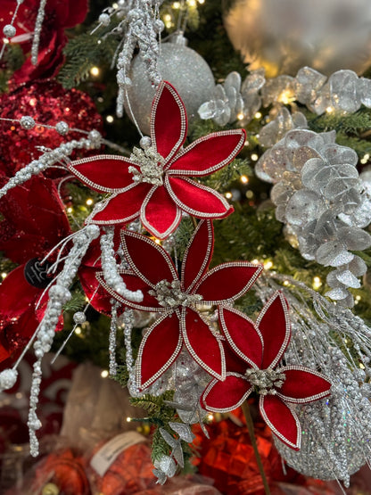 24 Inch Red Velvet Poinsettia Stem With Silver Jewels