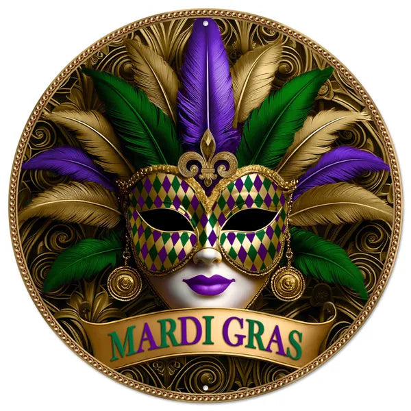 12 Inch Mardi Gras Gilded Mask Metal Sign