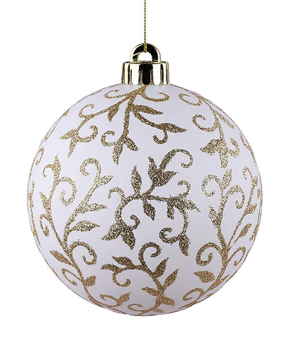 5 Inch White And Gold Glitter Swirl Matte Ball Ornament