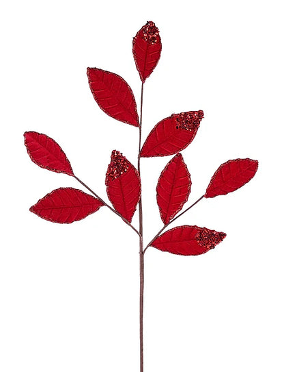 27 Inch Red Velvet And Glitter Magnolia Leaf Spray