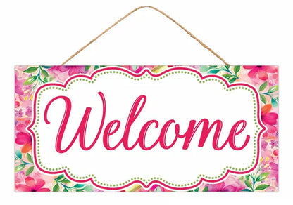 12.5 Inch By 6 Inch White Green And Pink Floral Frame Welcome Wood Sign