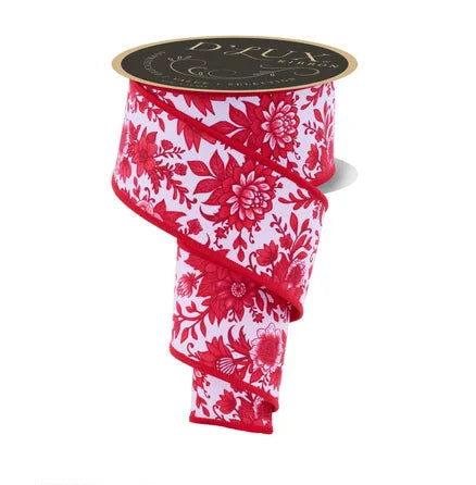 2.5 Inch By 10 Yard Red And White Chinoiserie Floral Fused Ribbon