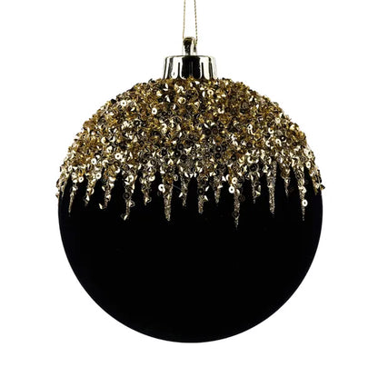 4.75 Inch Black And Gold Flocked Sequin 2D Ball Ornament