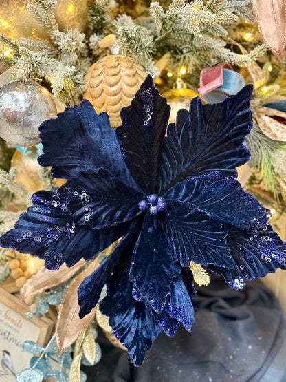 19 Inch Jumbo Navy Blue Velvet Poinsettia Stem