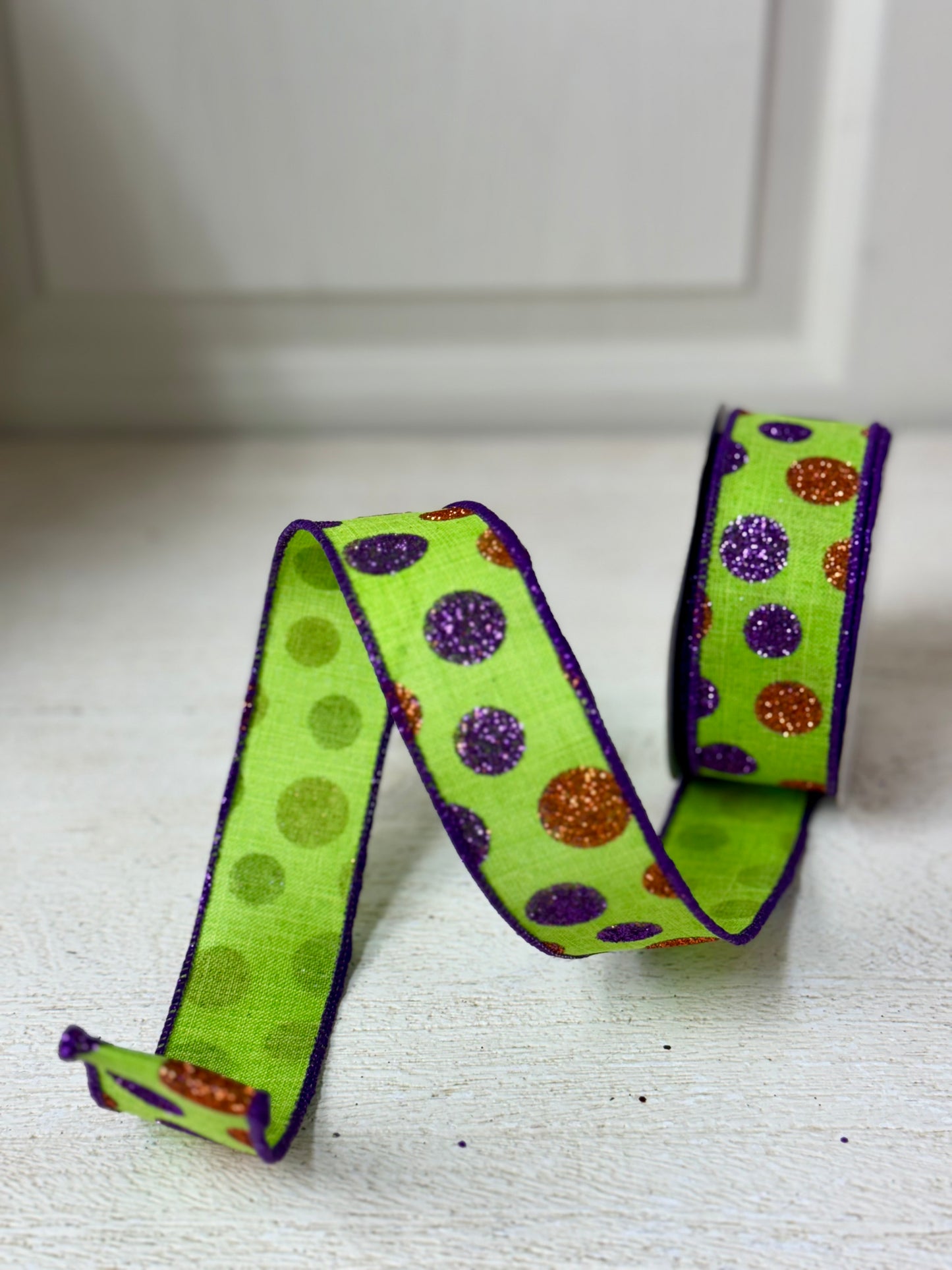 1.5 Inch By 10 Yard Lime Purple And Orange Glitter Polka Dot Ribbon