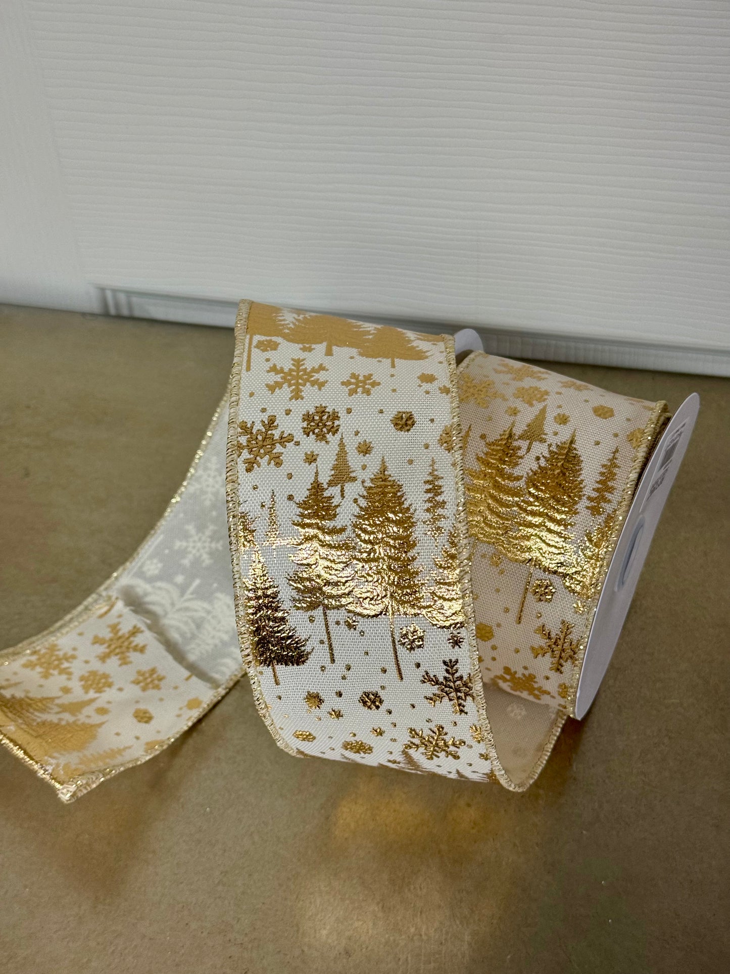 2.5 Inch By 10 Yard Dark Cream And Gold Pine Trees And Snowflakes Ribbon