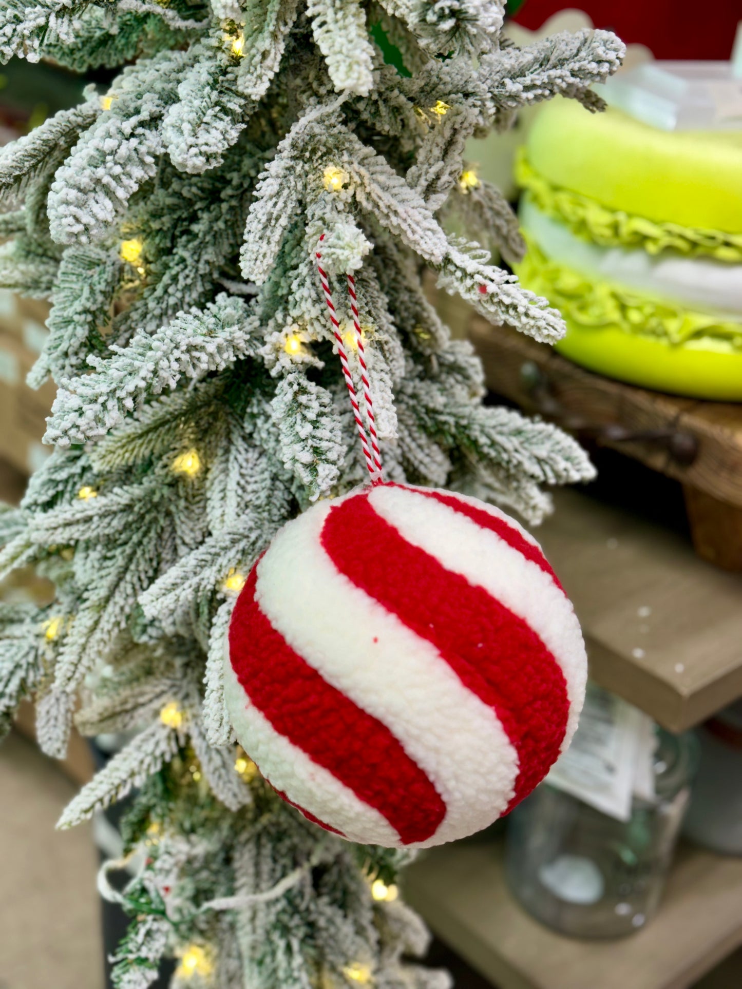 6.5 Inch Red And White Whimsical Wool Peppermint Stripe Ornament Ball