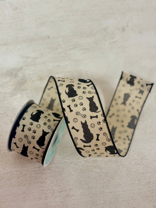 2.5 Inch By 10 Yard Cream And Black Dog Silhouettes Ribbon