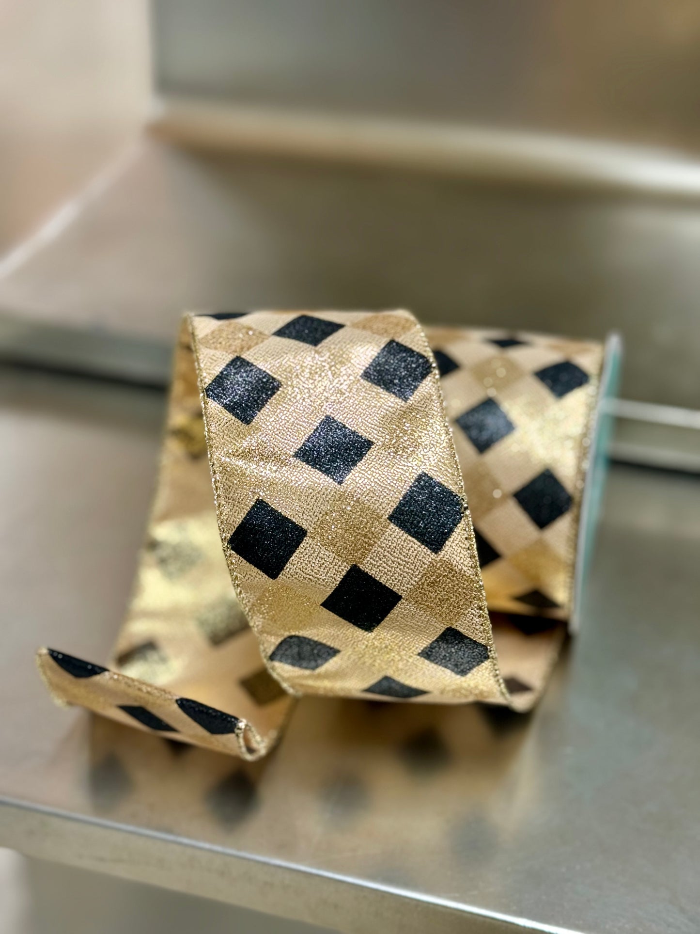 2.5 Inch By 10 Yard Gold And Black Diamond Check