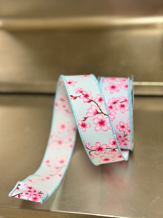 1.5 Inch By 10 Yard Pink And Blue Floral Blossoms Ribbon