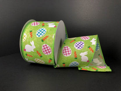 2.5 Inch By 10 Yard Green Background With Carrots Easter Eggs And Bunny Ribbon