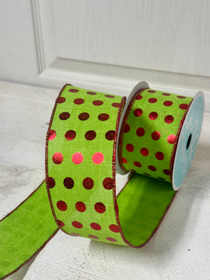 2.5 Inch By 10 Yard Lime Green And Red Metallic Polka Dot Ribbon