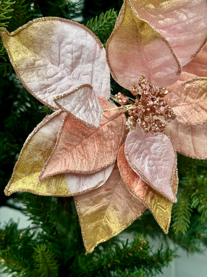 9 Inch Pink And Gold Poinsettia With Clip