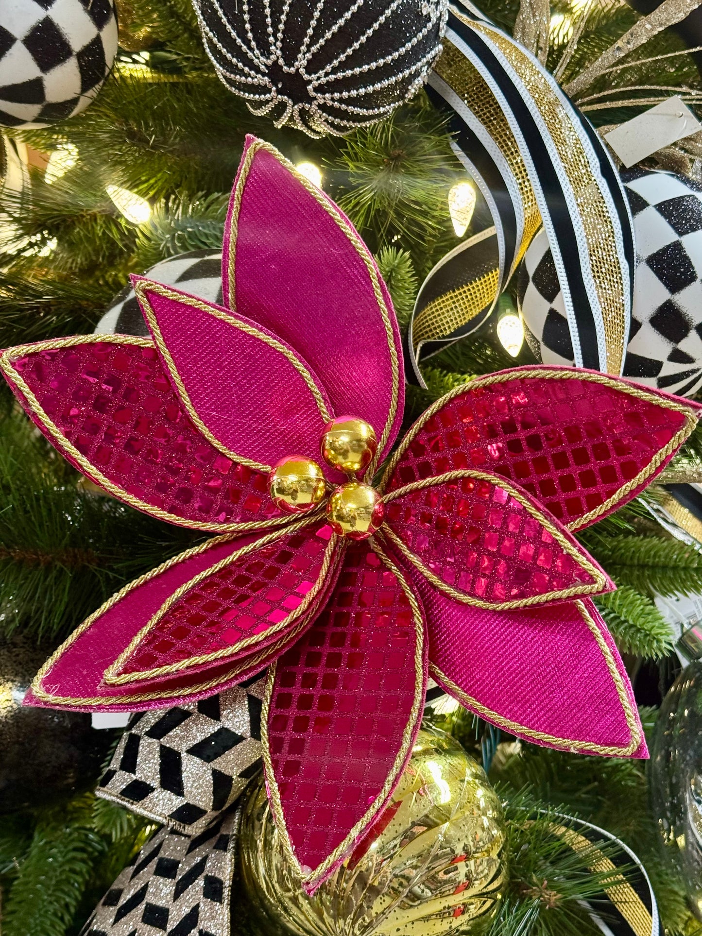 15 Inch Fuchsia And Gold Sequin Poinsettia Spray