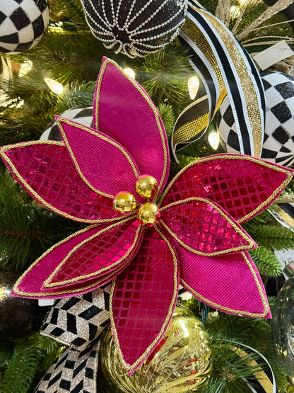 15 Inch Fuchsia And Gold Sequin Poinsettia Spray