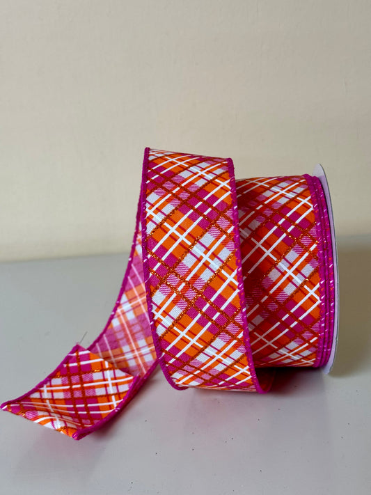 1.5 Inch By 10 Yard Orange And Pink Plaid Ribbon