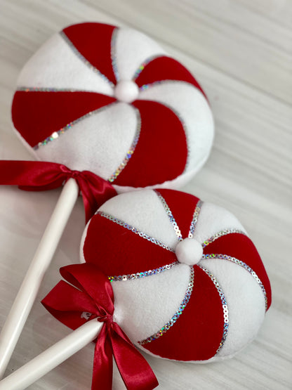 Fabric Holiday Peppermint Lollipop Stick Decor Two Sizes