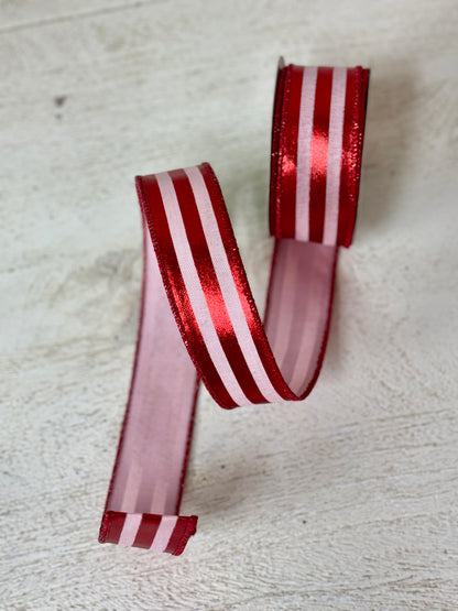 1.5 Inch By 10 Yard Metallic Pink And Red Striped Ribbon