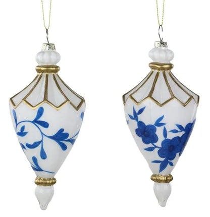 4.5 Inch White And Blue Floral Glass Finial Ornaments Two Styles