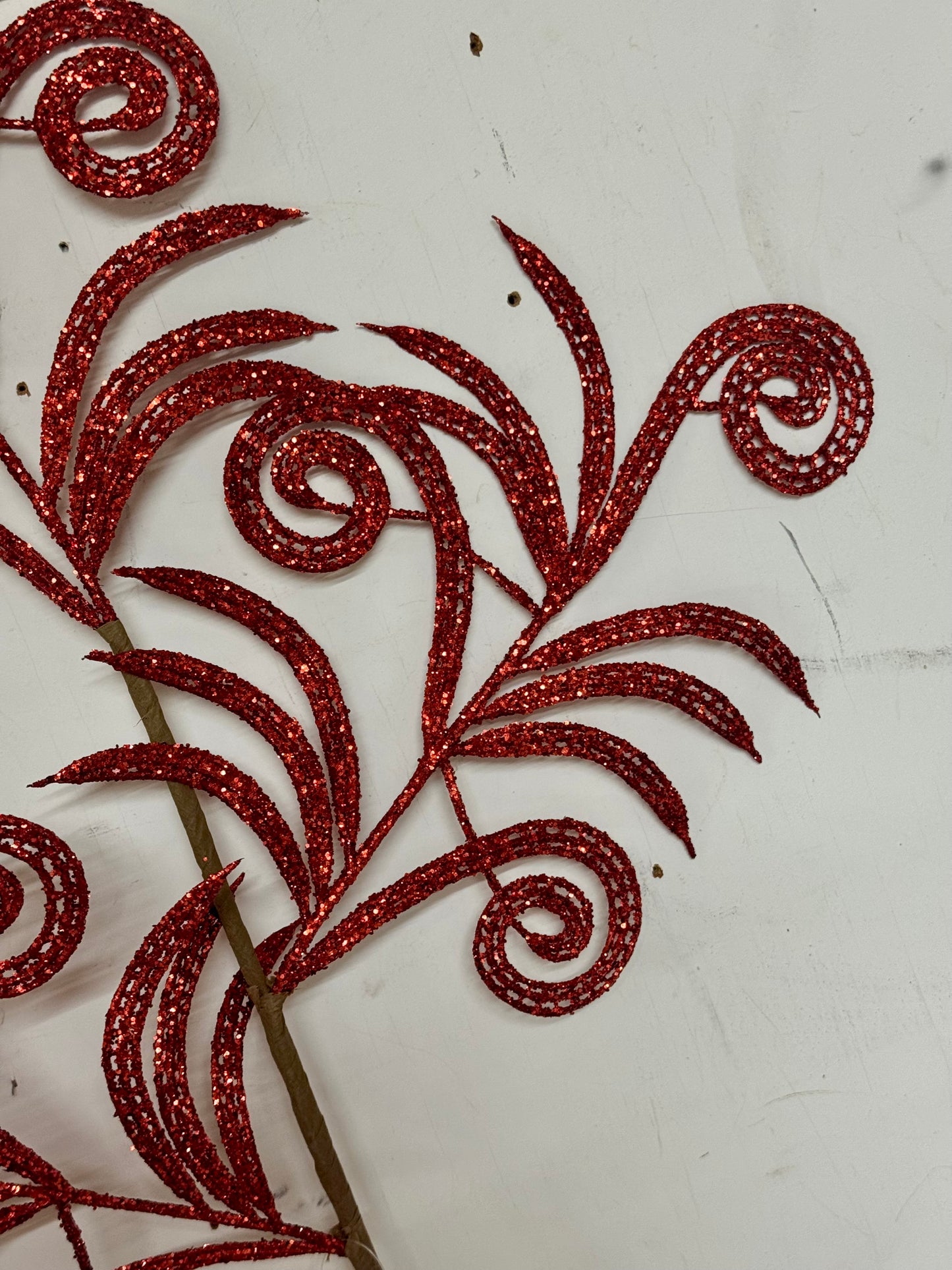 35 Inch Red Glittered Swirl Palm Spray